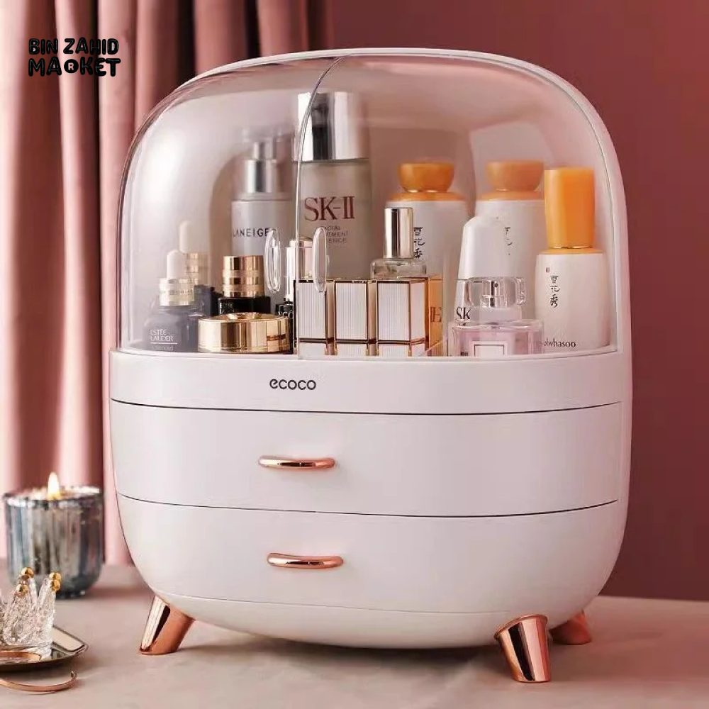 ECOCO LARGE CAPACITY COSMETIC STORAGE BOX – DUSTPROOF & WATERPROOF MAKEUP ORGANIZER WITH DRAWERS - PINK
