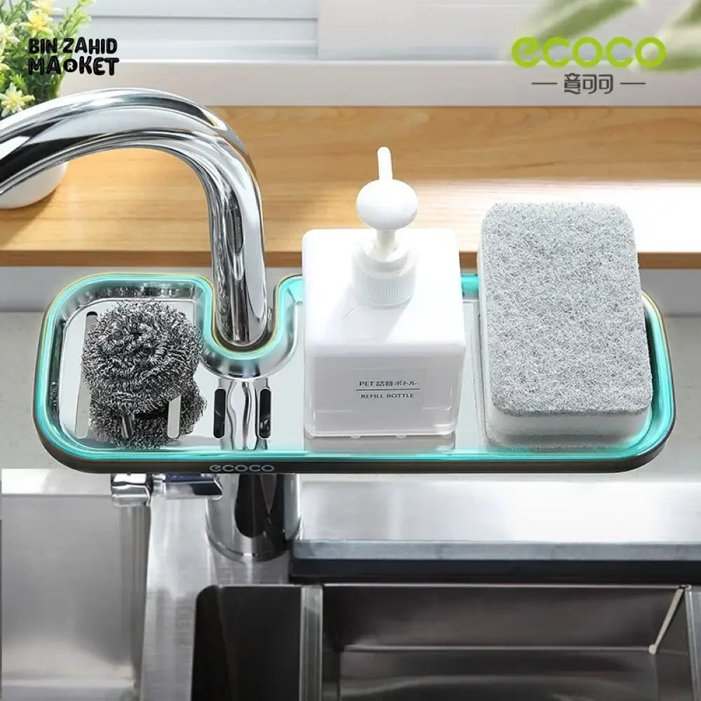 ECOCO SINK CADDY FOR FAUCET – DRAIN RACK WITH SPONGE STORAGE & SOAP TRAY