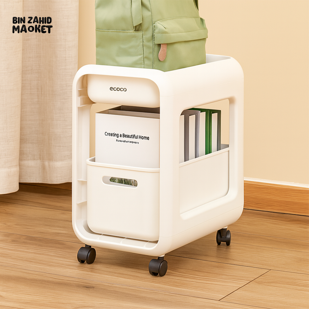 ECOCO SNACK STORAGE RACK – 2 TIER MULTIFUNCTIONAL KITCHEN STORAGE TROLLEY WITH DRAWERS UNDER DESK ORGANIZER & ROLLING
