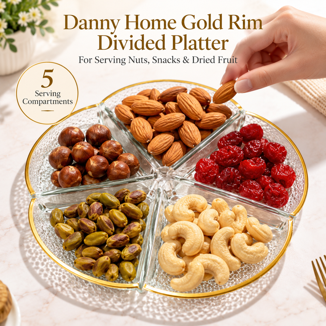 DANNY HOME 5 SECTION GLASS SNACK SERVING TRAY WITH GOLD RIM 25x2CM