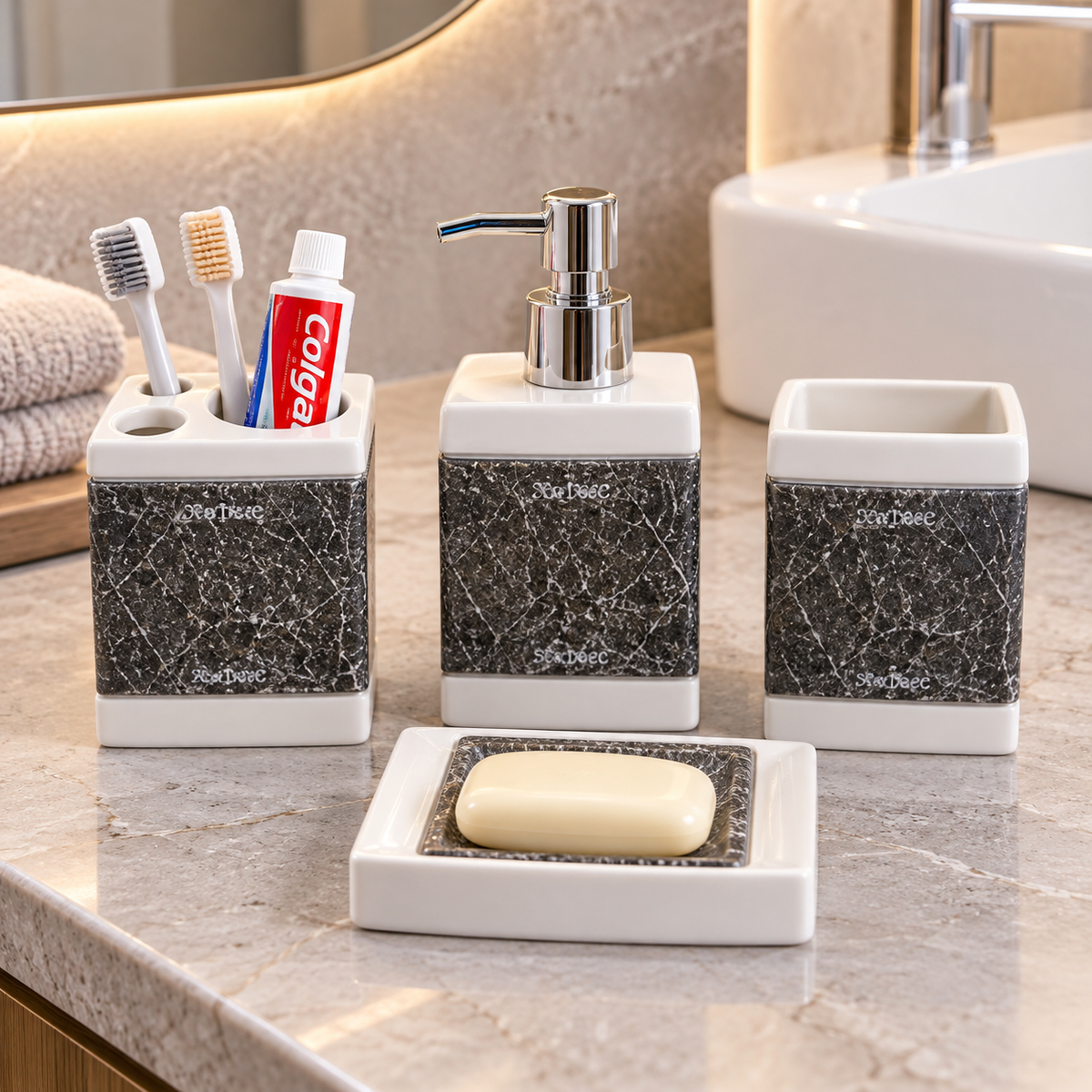 BLACK & WHITE MARBLE DESIGN BATHROOM ACCESSORY SET