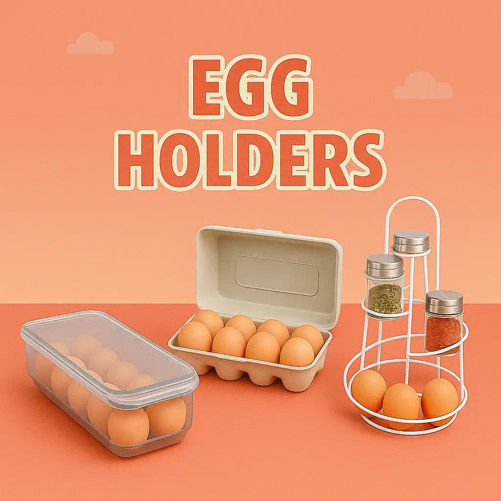 Various egg holders for storage and display.