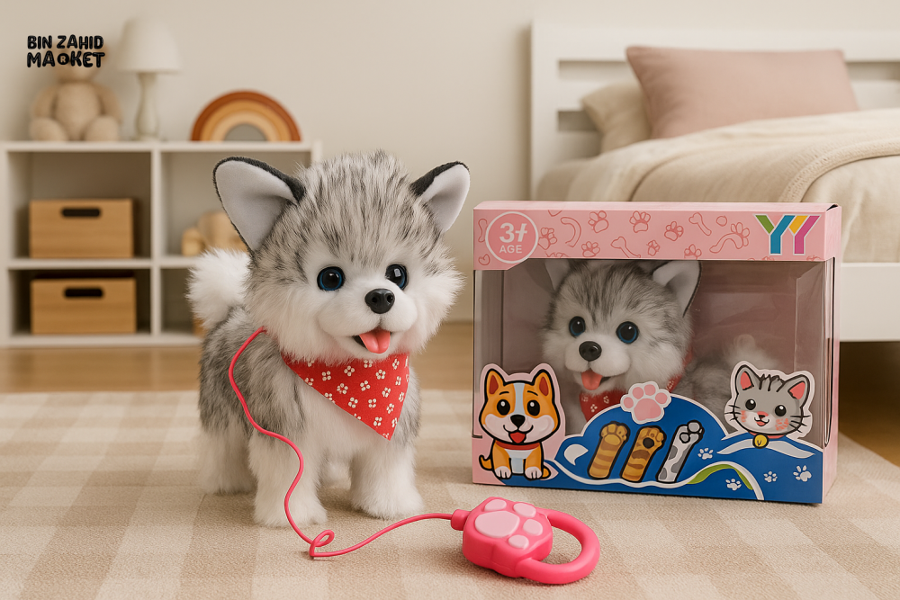 ELECTRIC WALKING HUSKY TOY – GREY & WHITE PUPPY WITH LEASH SOUND & SCARF FOR KIDS