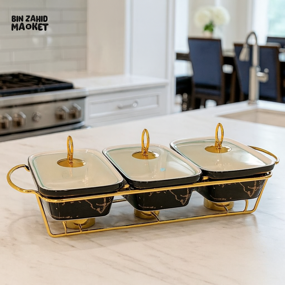 ELEGANT 3 PIECES MARBLE SERVING DISH SET WITH GLASS LIDS & GOLD FRAME 9CM – BLACK MARBLE