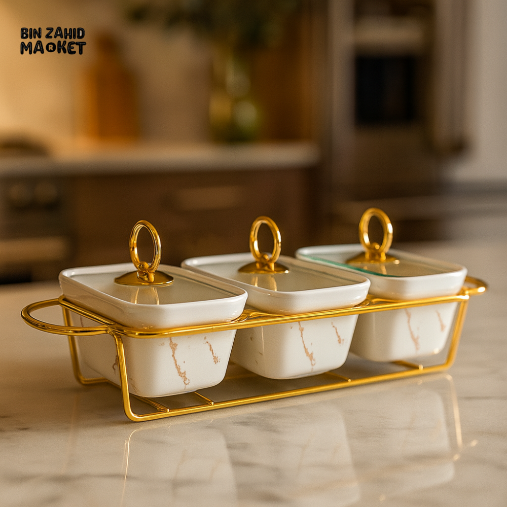 ELEGANT 3 PIECES MARBLE SERVING DISH SET WITH GLASS LIDS & GOLD FRAME – 9 CM RECT