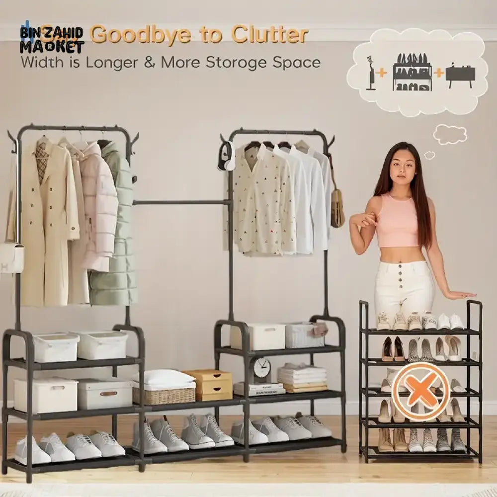 ELEGANT 3-TIER WARDROBE CLOSET ORGANIZER – BLACK HANGING CLOTHES STORAGE RACK FOR BEDROOM & ENTRYWAY