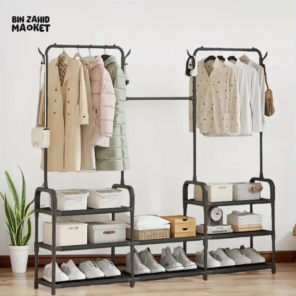 ELEGANT 3-TIER WARDROBE CLOSET ORGANIZER – BLACK HANGING CLOTHES STORAGE RACK FOR BEDROOM & ENTRYWAY