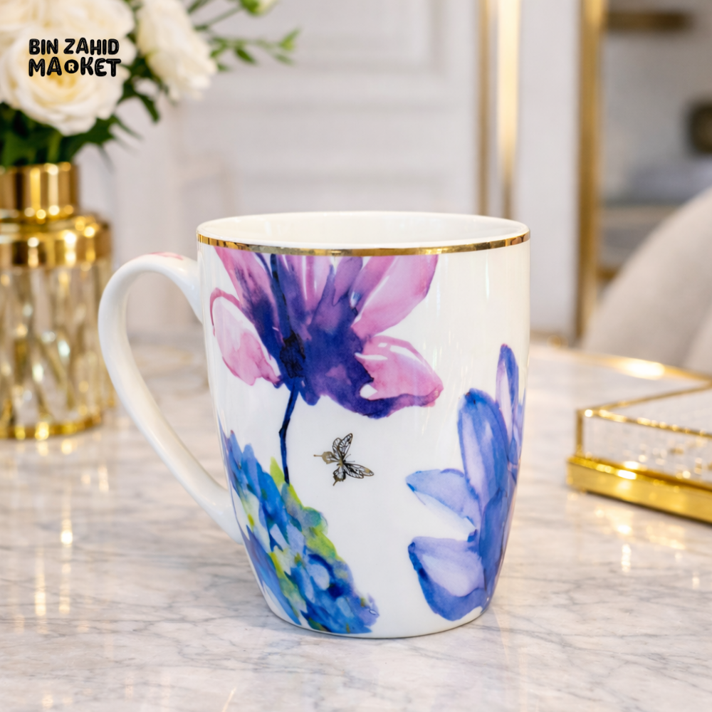 ELEGANT BLUE FLORAL CERAMIC COFFEE MUG WITH GOLD RIM