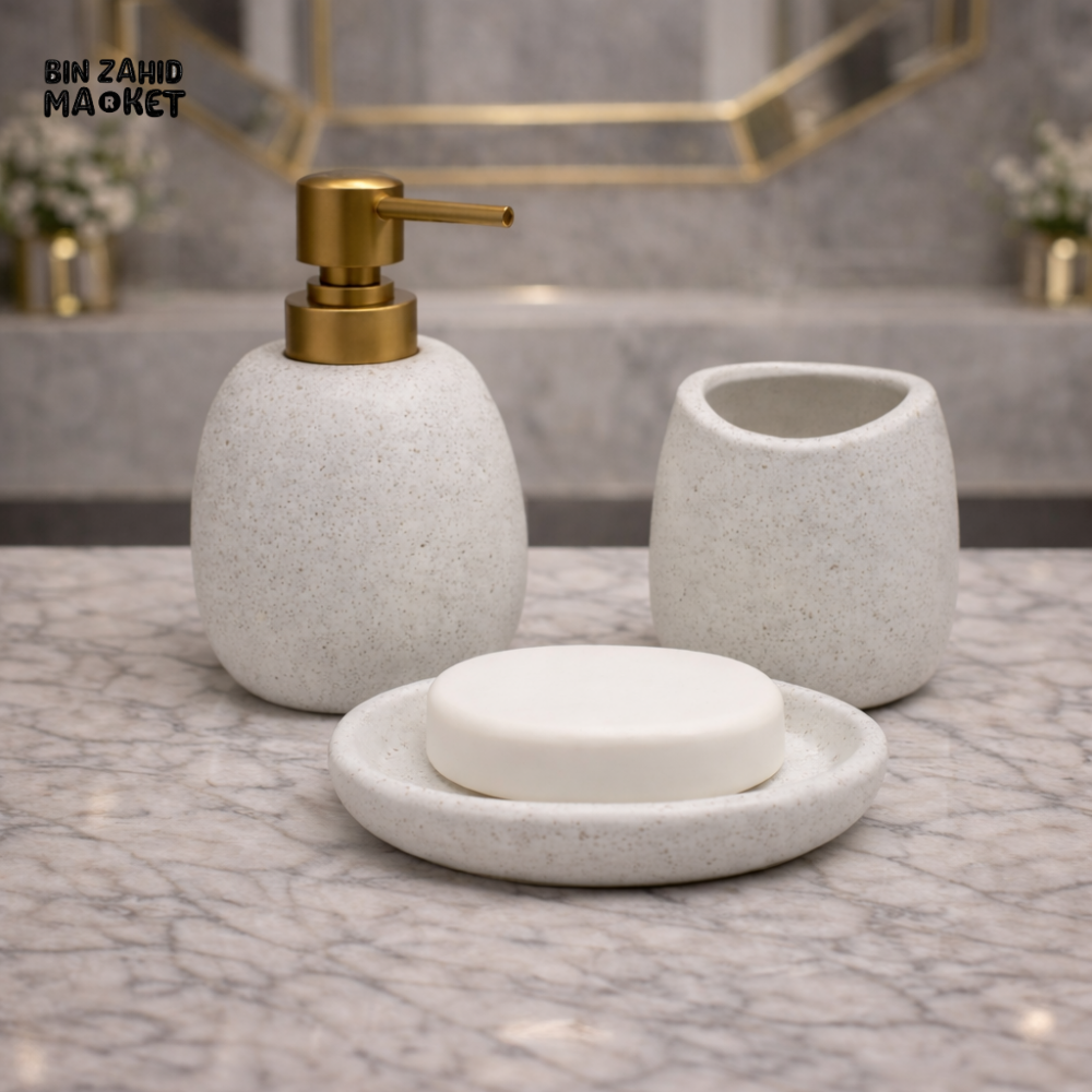 ELEGANT CERAMIC BATH ACCESSORY SET WITH GOLD ACCENTS