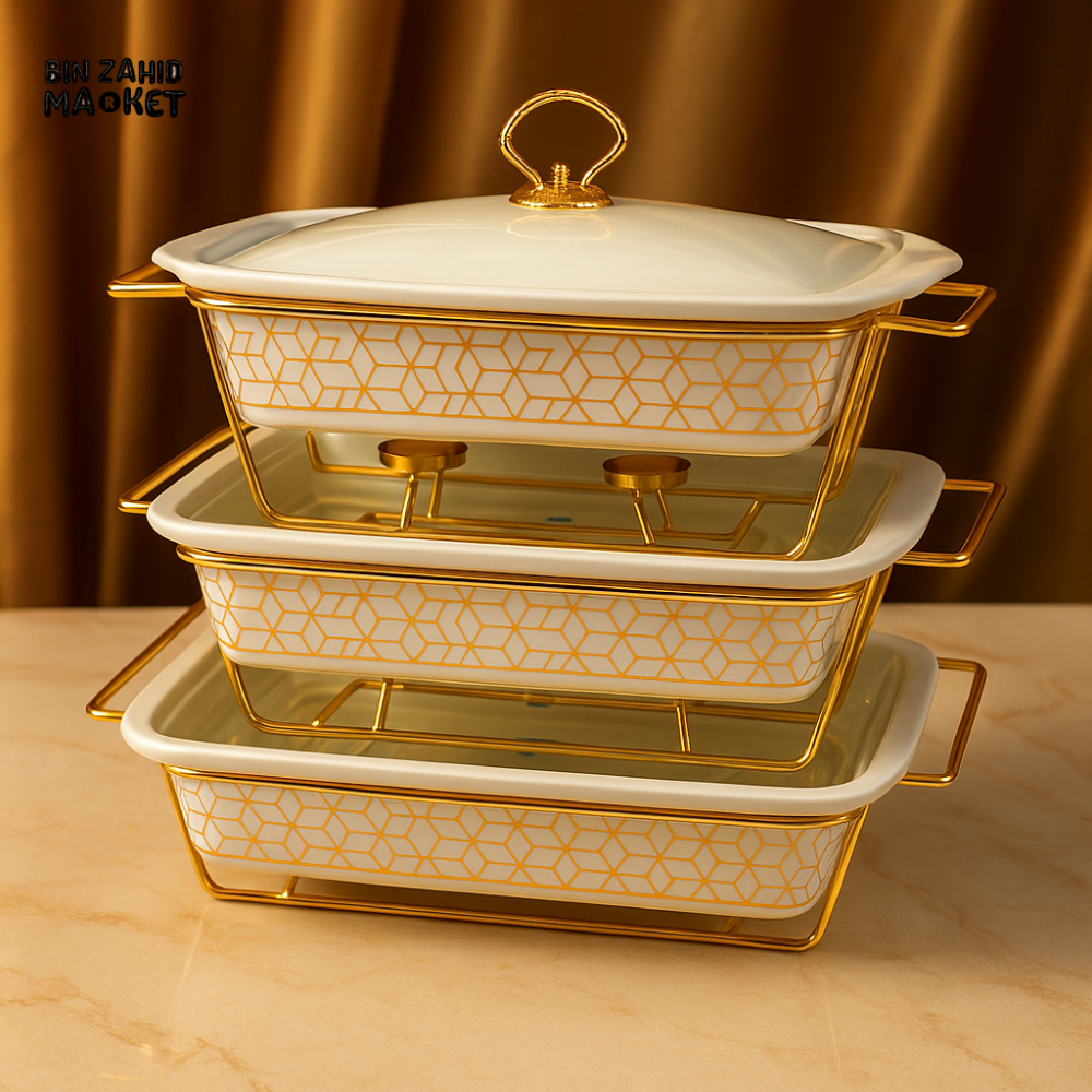 ELEGANT CERAMIC CHAFING DISH SET – WHITE AND GOLD BUFFET SERVER FOR KITCHEN & DINING TABLE