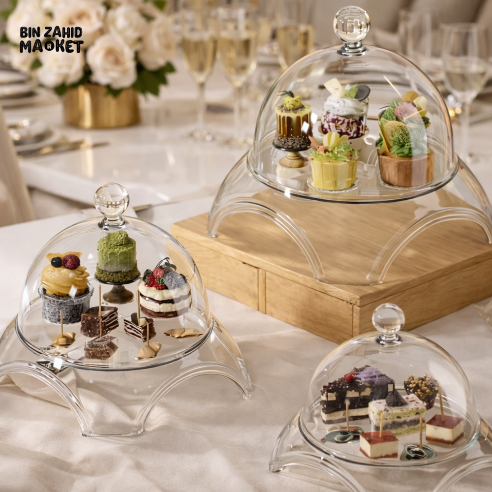 ELEGANT CLEAR GLASS DESSERT DOME WITH STAND – LUXURY DINING TABLE CAKE & SWEET DISPLAY COVER