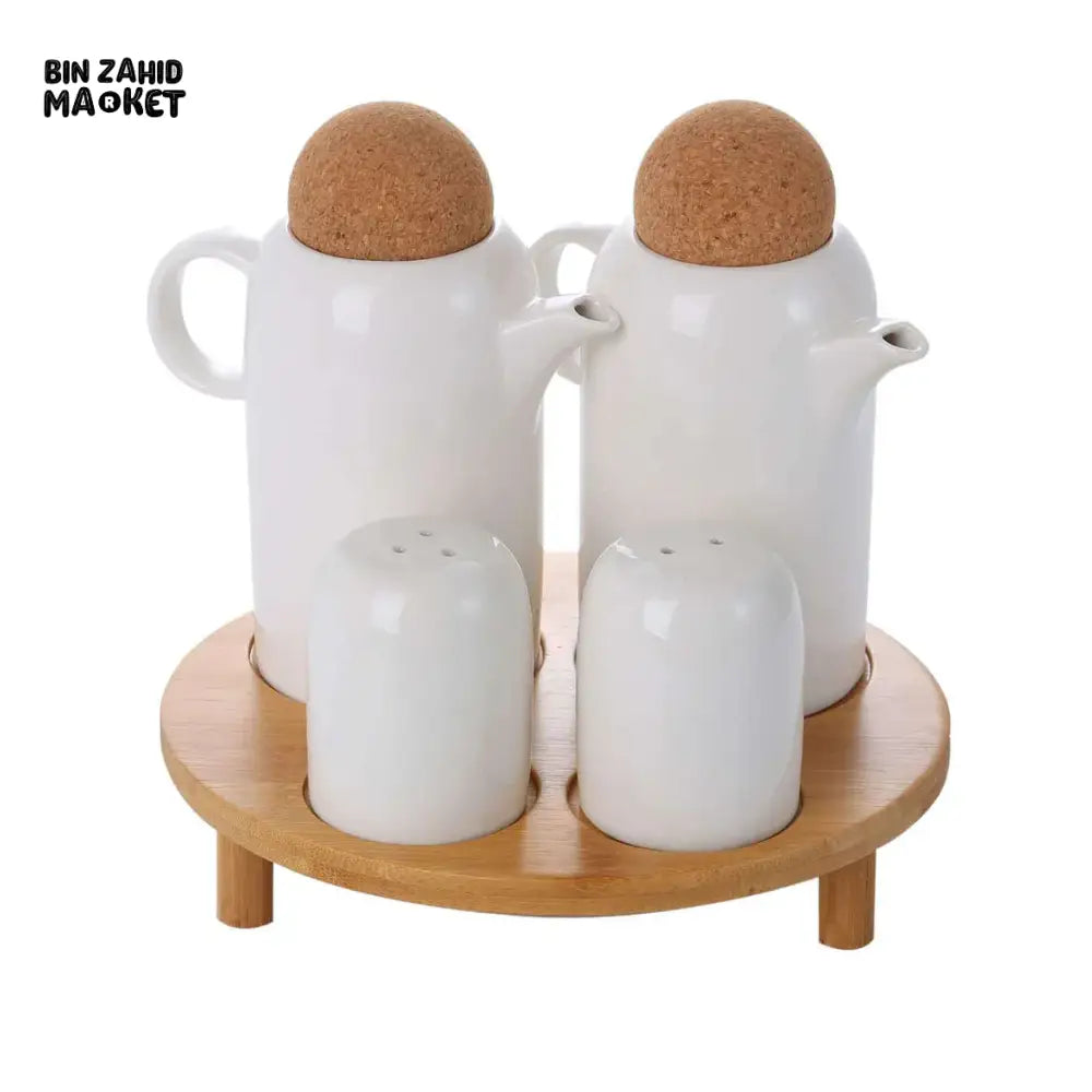 ELEGANT CONDIMENT SERVING SET – 4 PIECES WITH WOODEN STAND PERFECT FOR KITCHEN & DINING TABLE