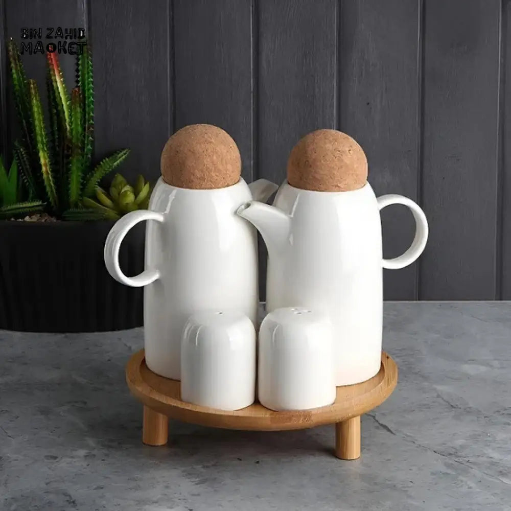 ELEGANT CONDIMENT SERVING SET – 4 PIECES WITH WOODEN STAND PERFECT FOR KITCHEN & DINING TABLE