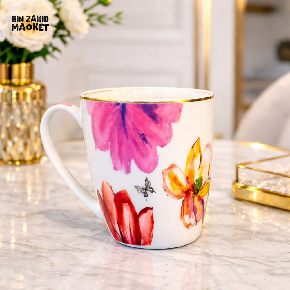 ELEGANT FLORAL CERAMIC COFFEE MUG WITH GOLD RIM