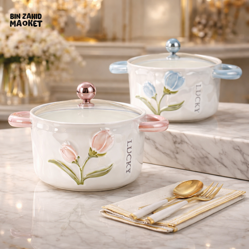 ELEGANT FLORAL CERAMIC COOKING POT – LUXURY TABLEWARE 750ML