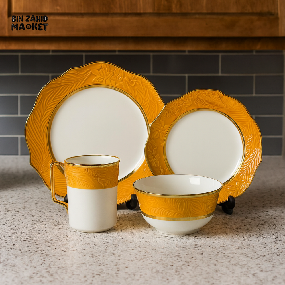 ELEGANT FLORAL EMBOSSED DINNER SET – 9 PIECE PREMIUM PORCELAIN TABLEWARE WITH GOLDEN YELLOW RIM LUXURY KITCHEN