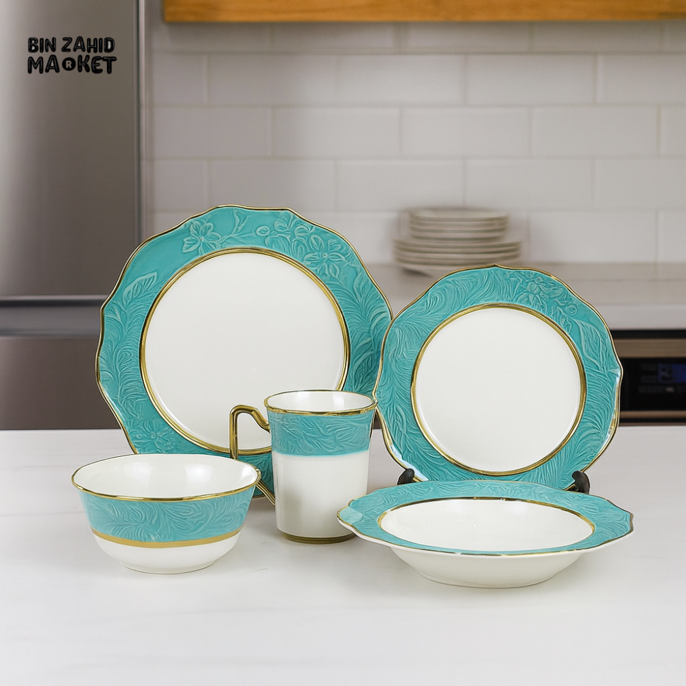 ELEGANT FLORAL EMBOSSED DINNER SET – 30 PIECE PREMIUM PORCELAIN TABLEWARE WITH TEAL RIM LUXURY KITCHEN COLLECTION