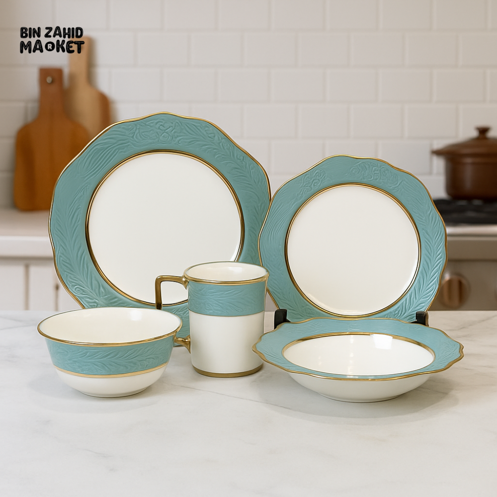 ELEGANT FLORAL EMBOSSED DINNER SET – 30 PIECE PREMIUM PORCELAIN TABLEWARE WITH TURQUOISE RIM LUXURY KITCHEN COLLECTION