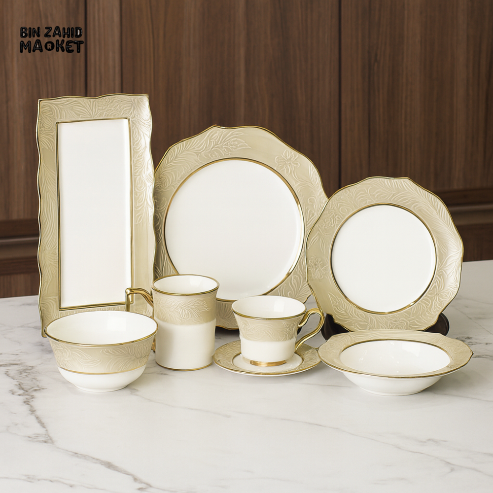 ELEGANT FLORAL EMBOSSED DINNER SET – 44 PIECE PREMIUM PORCELAIN TABLEWARE WITH BEIGE RIM LUXURY KITCHEN COLLECTION