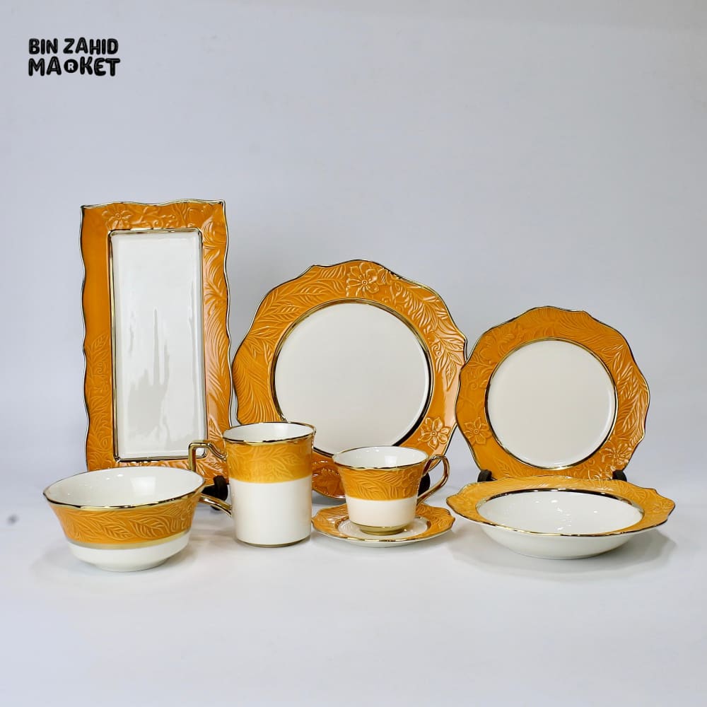 ELEGANT FLORAL EMBOSSED DINNER SET – 44 PIECE PREMIUM PORCELAIN TABLEWARE WITH GOLDEN YELLOW RIM LUXURY KITCHEN