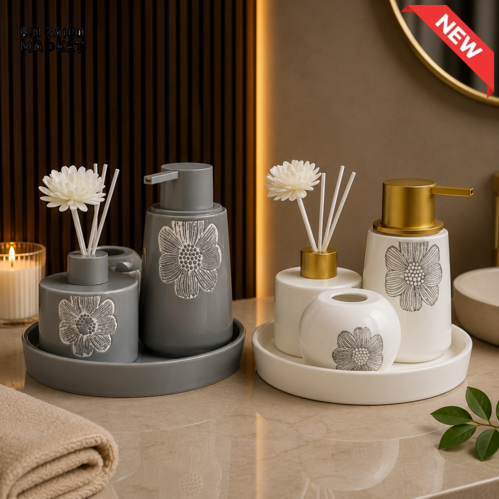 ELEGANT FLORAL PORCELAIN BATHROOM ACCESSORY SET WITH TRAY