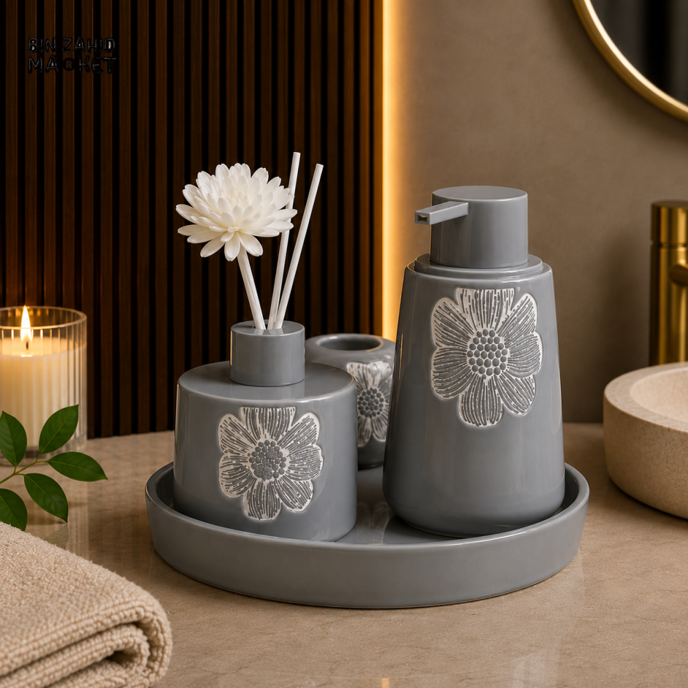 ELEGANT FLORAL PORCELAIN BATHROOM ACCESSORY SET WITH TRAY - Grey