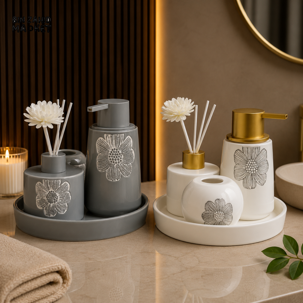 ELEGANT FLORAL PORCELAIN BATHROOM ACCESSORY SET WITH TRAY