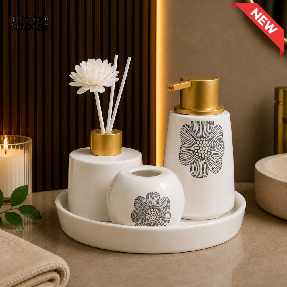 ELEGANT FLORAL PORCELAIN BATHROOM ACCESSORY SET WITH TRAY - White