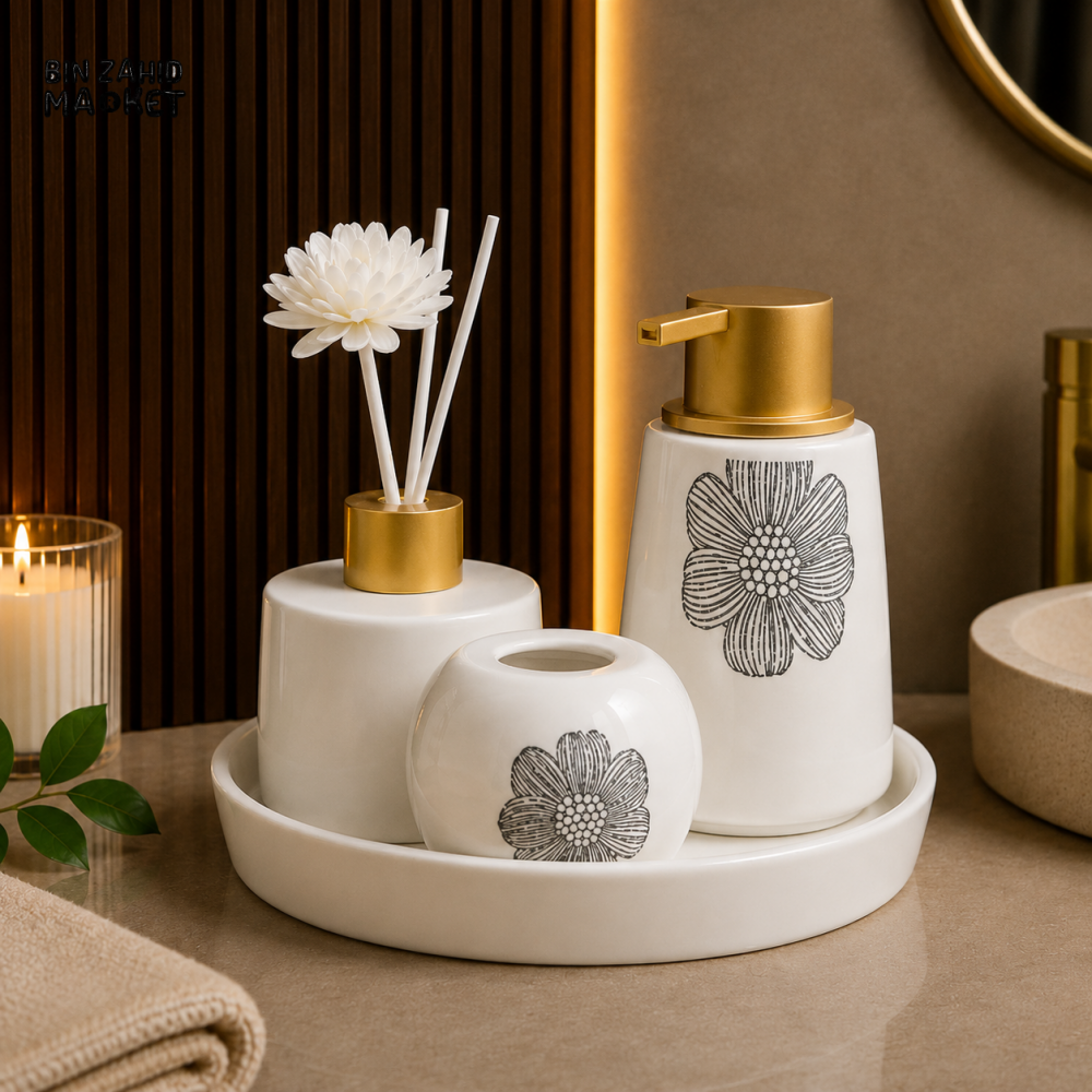 ELEGANT FLORAL PORCELAIN BATHROOM ACCESSORY SET WITH TRAY - White