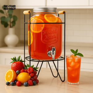 ELEGANT GLASS WATER BEVERAGES DISPENSER 8 LITRES - METAL STAND CAGE