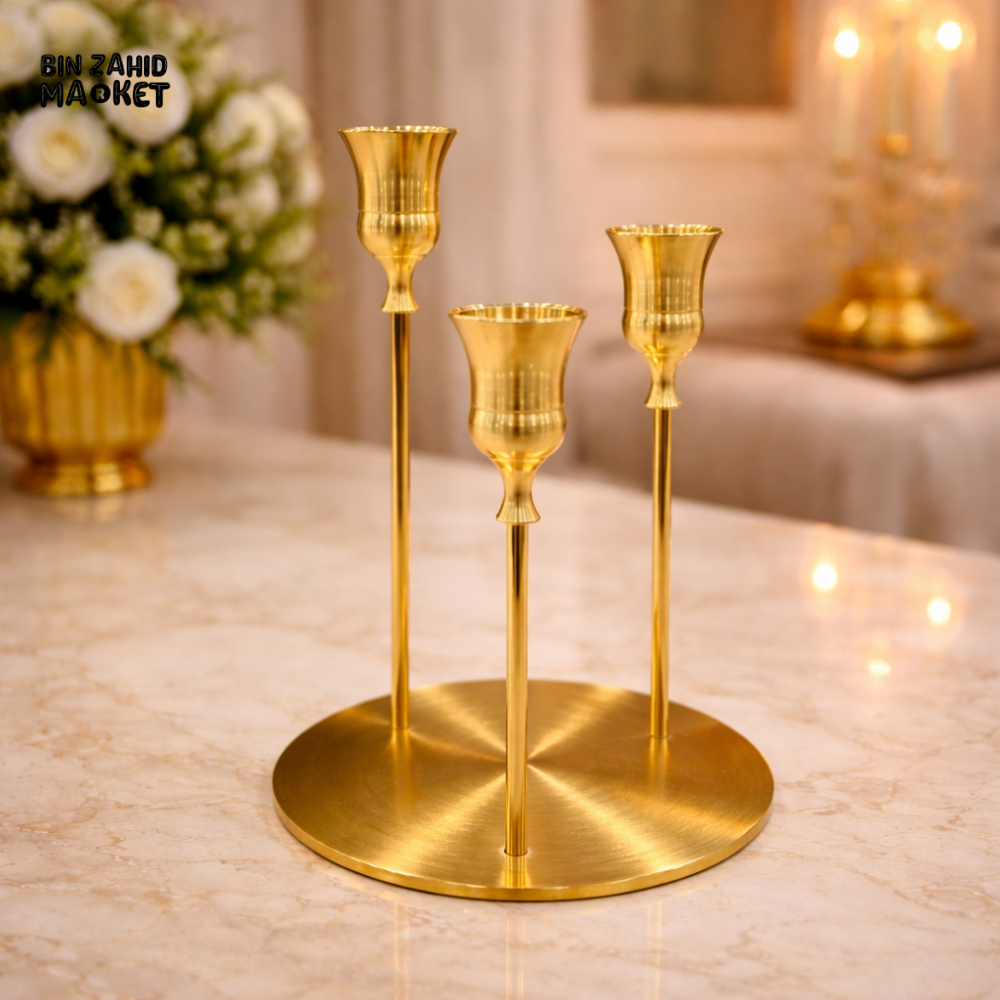ELEGANT GOLD METAL CANDLE STAND – TRIPLE HOLDER LUXURY DECOR