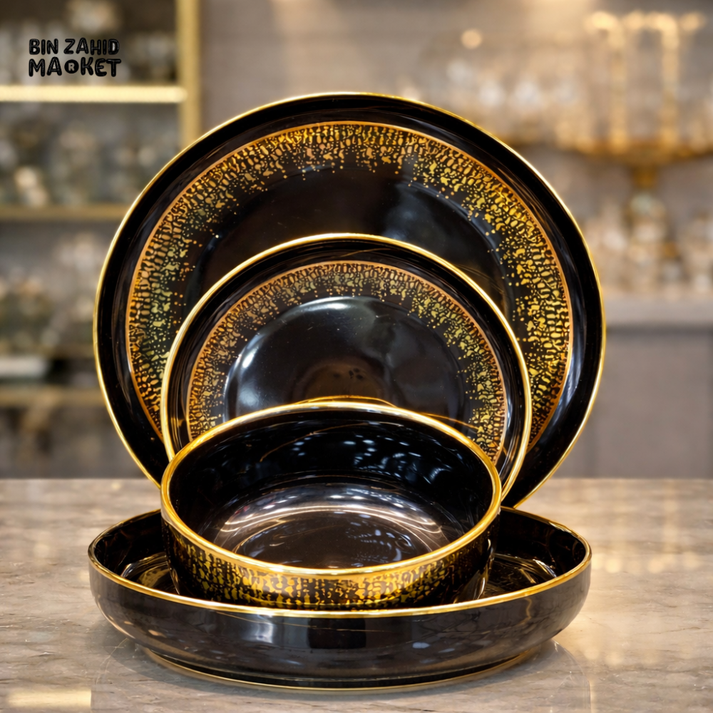ELEGANT GOLD RIM CERAMIC DINNER SET 24 PIECES - BLACK