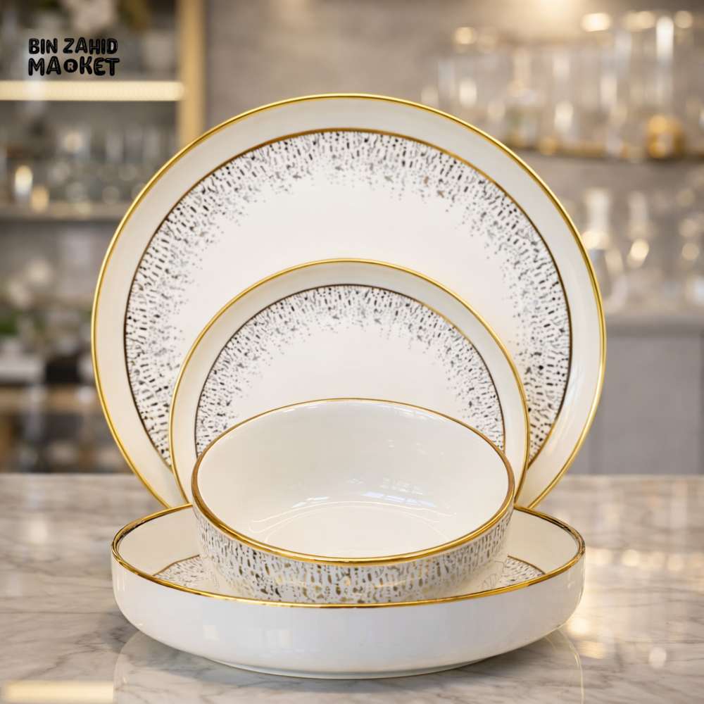 ELEGANT GOLD RIM CERAMIC DINNER SET 24 PIECES - WHITE