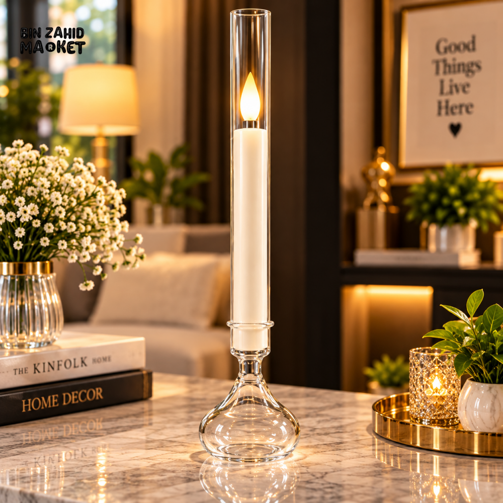 ELEGANT LED TAPER CANDLE WITH CLEAR GLASS HOLDER