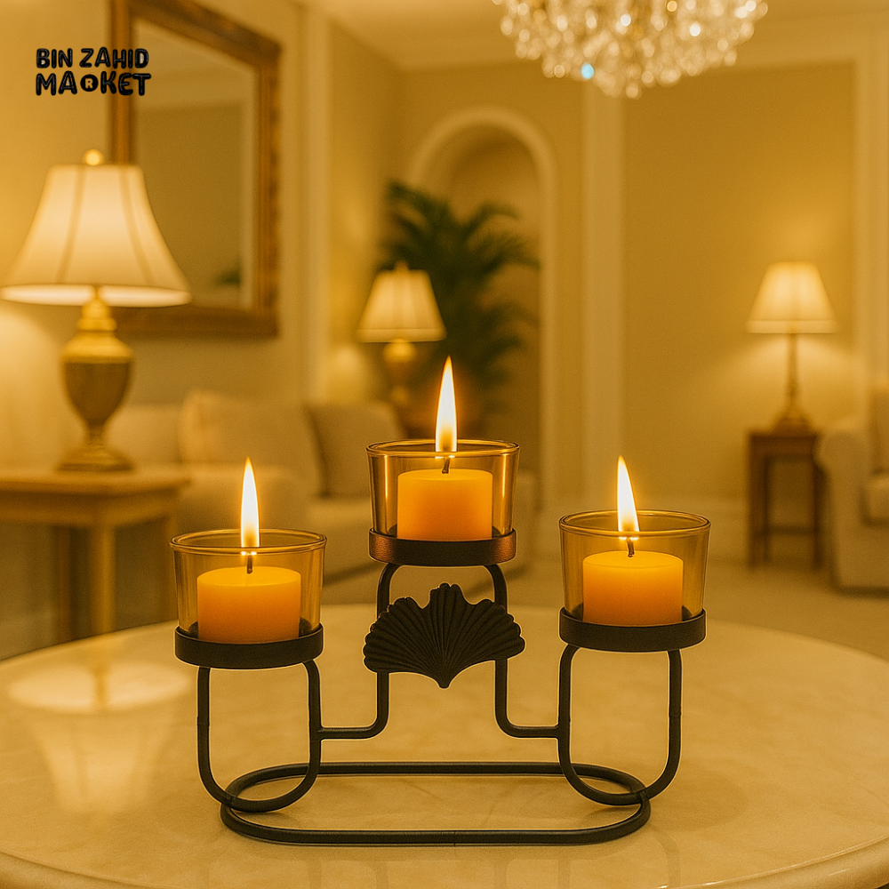ELEGANT METAL CANDLE HOLDER WITH AMBER GLASS – 3 CUP TEALIGHT STAND FOR LUXURY HOME DECOR
