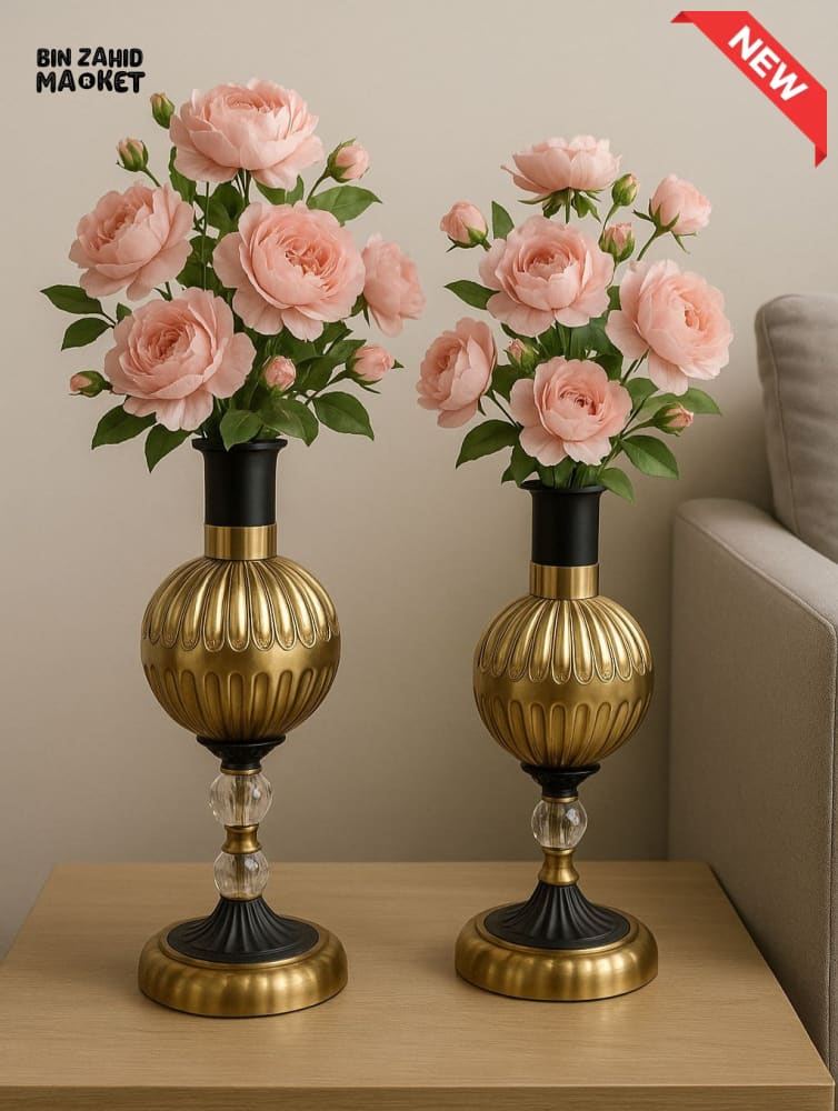ELEGANT METAL VASE SET OF 2 – GOLD ORB BODY BLACK BASE LARGE & SMALL WITHOUT FLOWERS