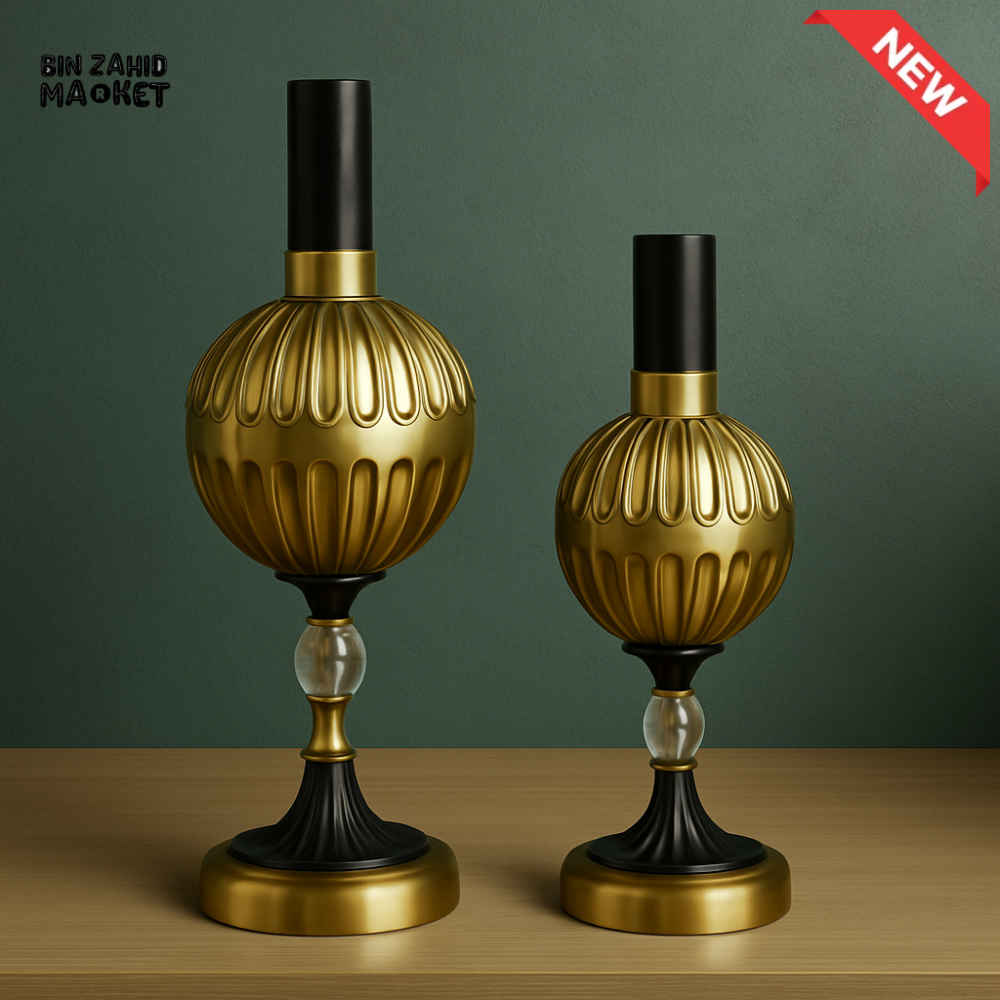 ELEGANT METAL VASE SET OF 2 – GOLD ORB BODY BLACK BASE LARGE & SMALL WITHOUT FLOWERS