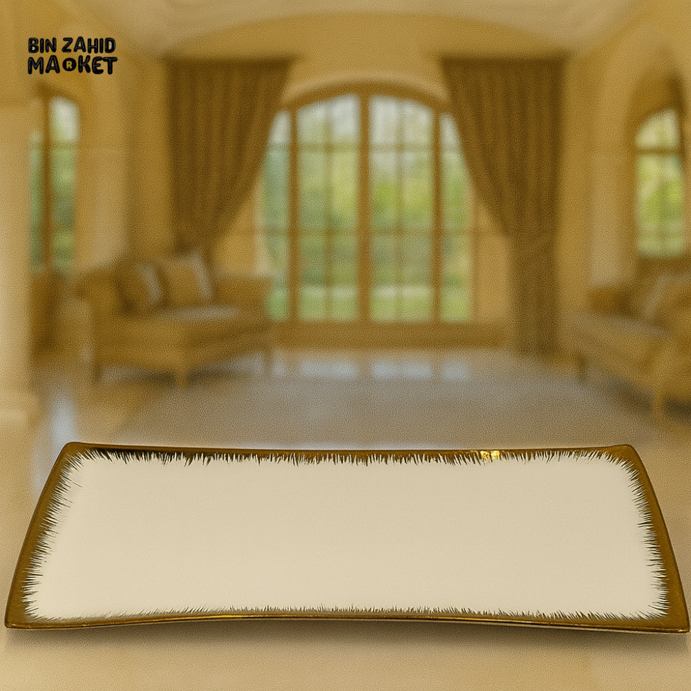 ELEGANT RECTANGULAR WHITE PORCELAIN PLATTER WITH GOLD RIM – LUXURY VILLA TABLE SERVING TRAY - 11.75 YF009