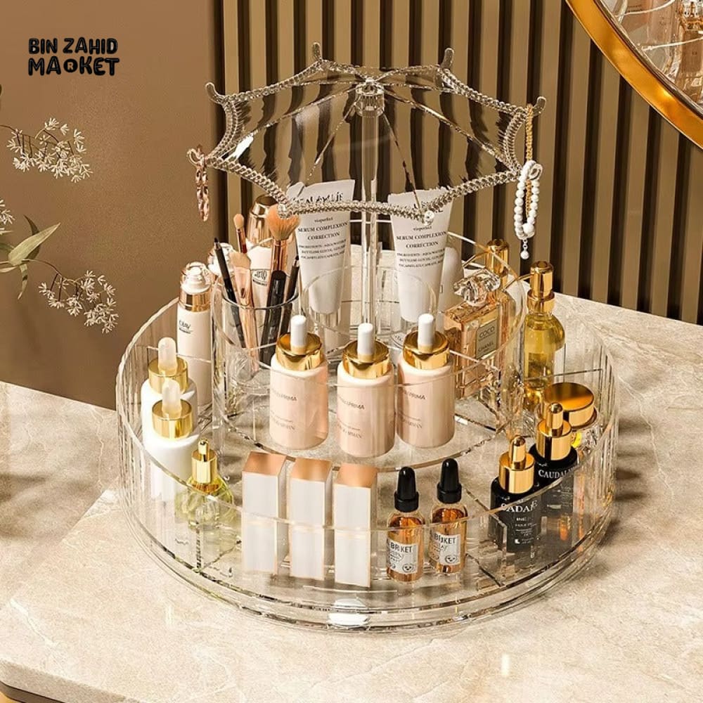 ELEGANT ROTATING COSMETIC STAND – MULTI-TIER MAKEUP HOLDER WITH CRYSTAL UMBRELLA TOP