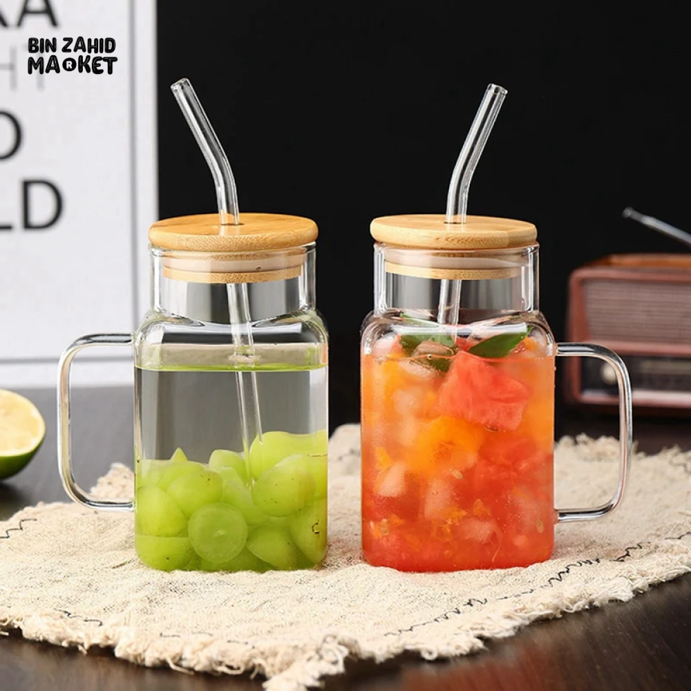 ELEGANT SQUARE GLASS SMOOTHIE CUP WITH HANDLE & STRAW – STYLISH & PRACTICAL DESIGN
