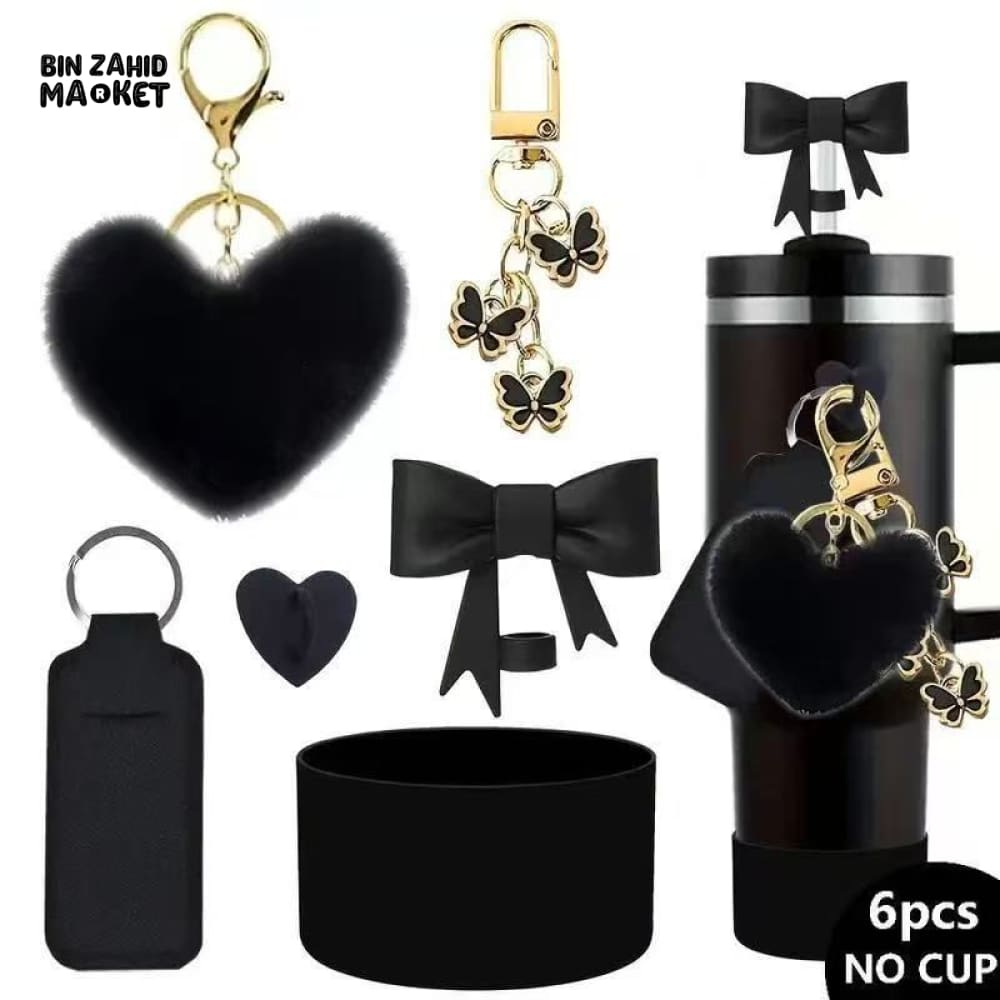 ELEGANT TUMBLER ACCESSORY SET – 6 PEICES BOW HEART BUTTERFLY CHARMS & PROTECTIVE BASE BLACK