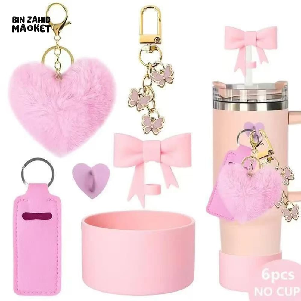 ELEGANT TUMBLER ACCESSORY SET – 6 PEICES BOW HEART BUTTERFLY CHARMS & PROTECTIVE BASE PINK