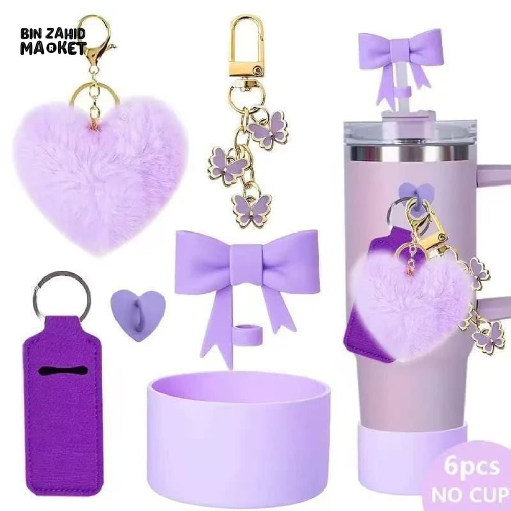 ELEGANT TUMBLER ACCESSORY SET – 6 PEICES BOW HEART BUTTERFLY CHARMS & PROTECTIVE BASE PURPLE