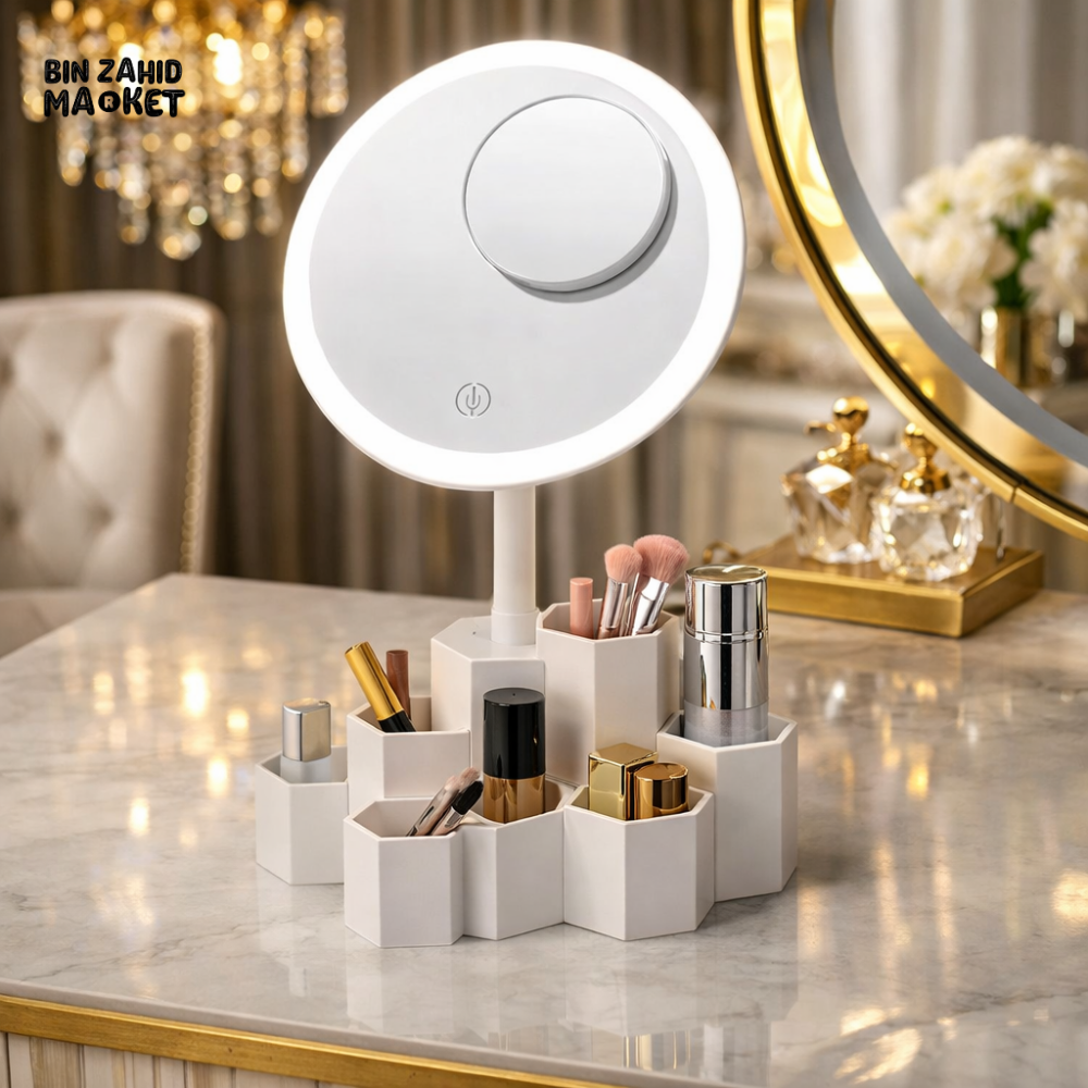 ELEGANT VANITY LED MIRROR & MULTI-COMPARTMENT COSMETIC ORGANIZER