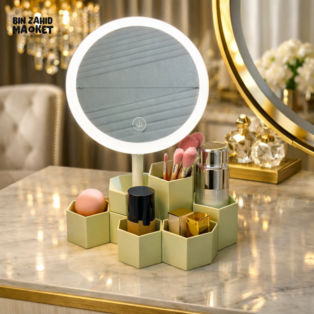 ELEGANT VANITY LED MIRROR & MULTI-COMPARTMENT COSMETIC ORGANIZER