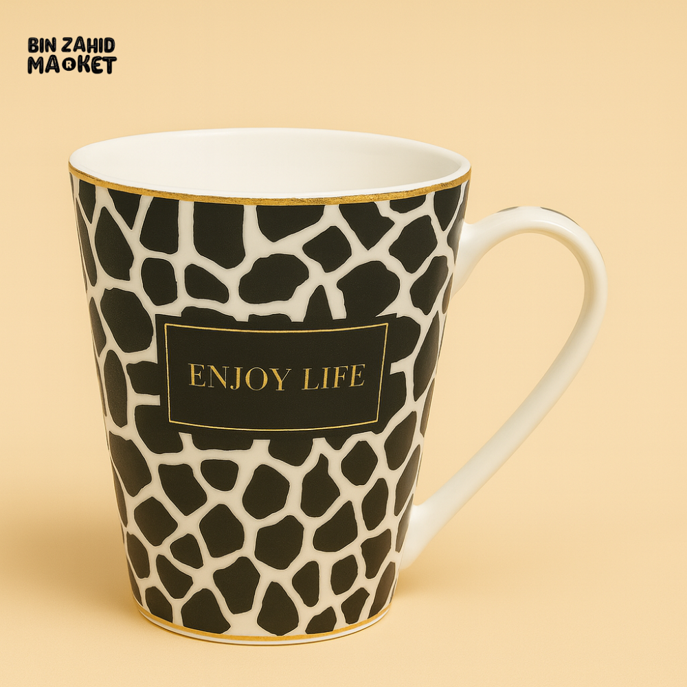 ENJOY LIFE CERAMIC COFFEE MUG – BLACK & WHITE GIRAFFE PATTERN WITH GOLD RIM