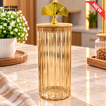 EXTRA TALL RIBBED GLASS STORAGE JAR WITH WOODEN LID AND GOLD LEAF HANDLE - LARGE - Storage Jars & Canisters