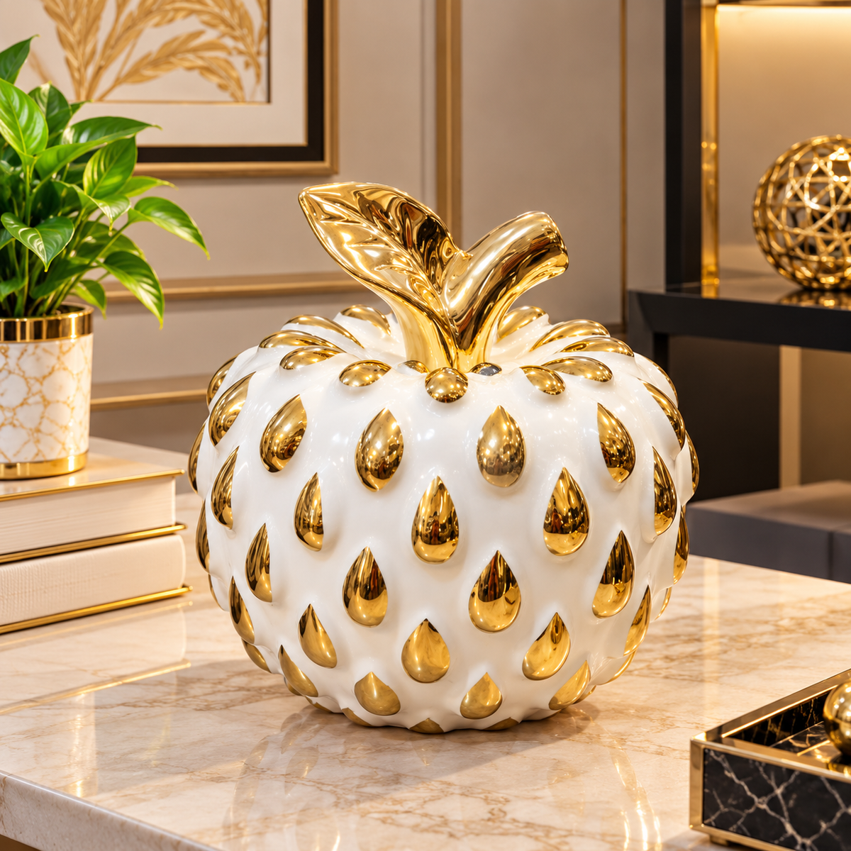 WHITE & GOLD APPLE DECORATIVE ORNAMENT - SMALL