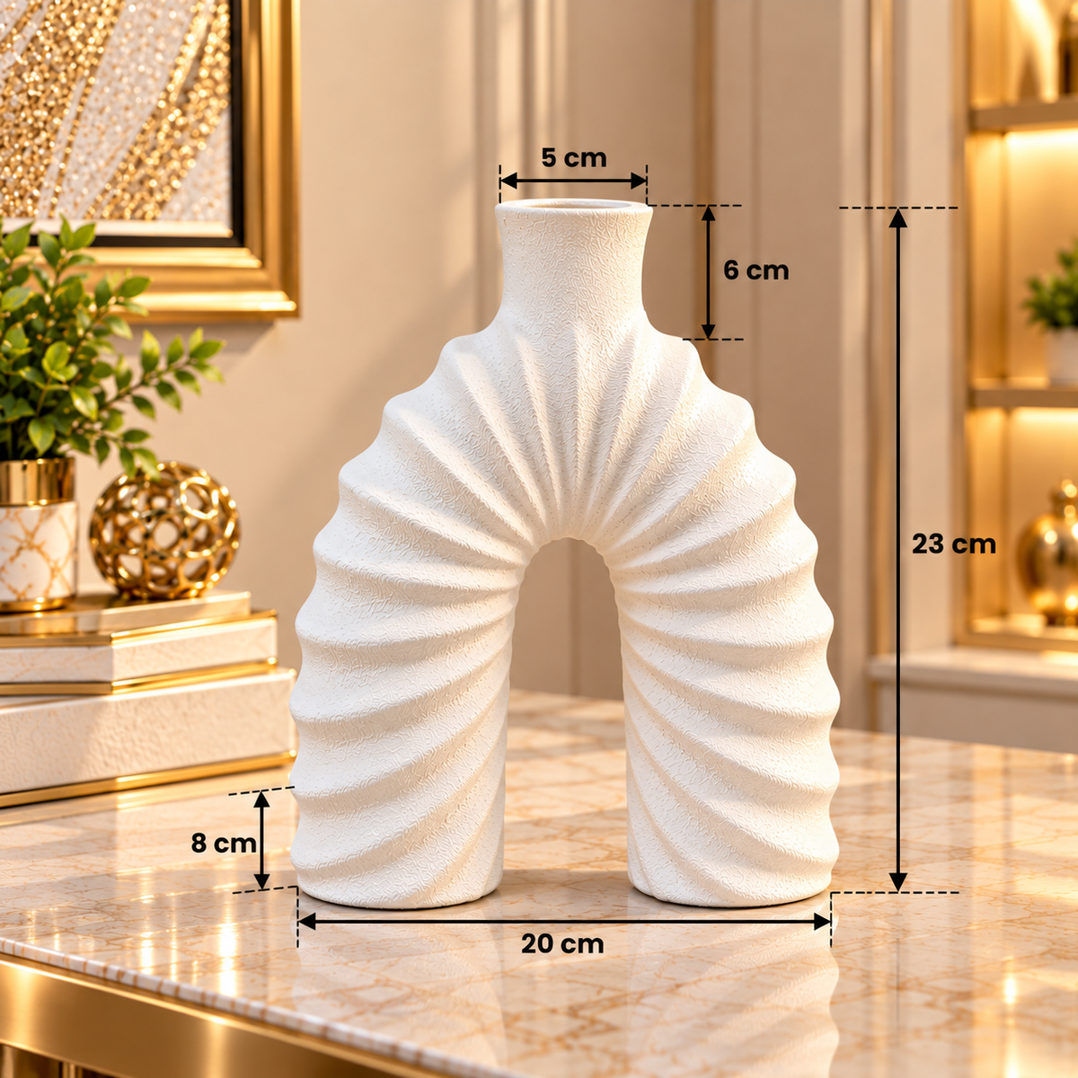 WHITE LARGE ARCH SHAPE RIBBED TEXTURE DECORATIVE VASE - LARGE