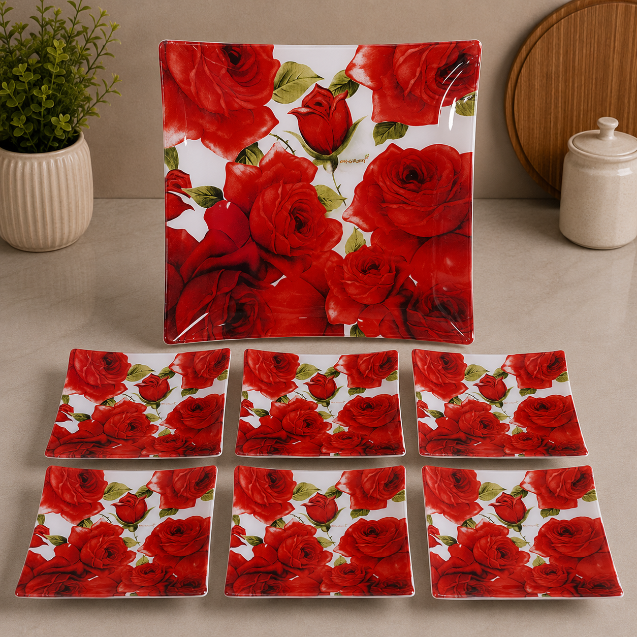 ARCAFOM RED ROSE FLORAL SQUARE SERVING 7 PIECE PLATE SET - WHITE DORSA